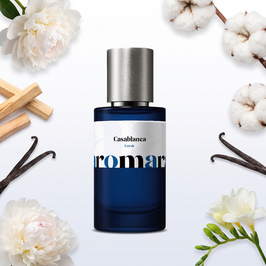 Casablanca 35% Extrait perfume by Aromara, an Aromara original. White musk, soft florals, sandalwood, vanilla, warm musk. UK-made, 7+ hour wear.