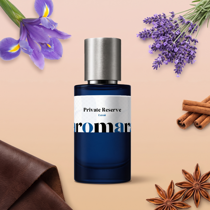 Private Reserve by Aromara on a pale cognac blush to saddle tan background with iris, lavender, leather, cinnamon sticks and star anise. 35% Extrait, inspired by Givenchy Gentleman Reserve Privee.