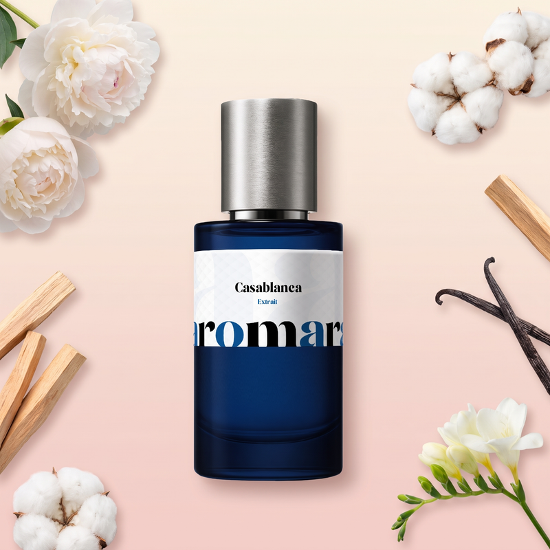 Casablanca by Aromara on a pale ivory blush to nude rose background with white peonies, cotton flowers, sandalwood, vanilla pods and freesia. 35% Extrait, an Aromara original.