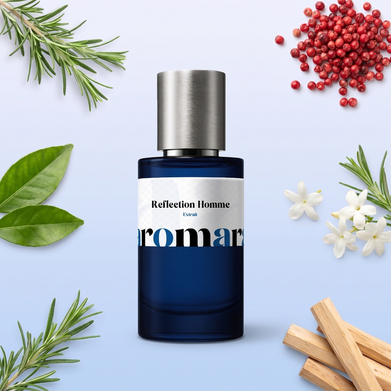 Reflection Homme by Aromara on a pale icy blue to powder blue background with rosemary, bitter orange leaves, red pepper berries, jasmine and sandalwood. 35% Extrait, inspired by Amouage Reflection Man.