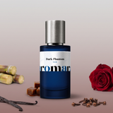 Dark Phantom by Aromara on a pale stone grey to soft dusky rose-brown background with cloves, a red rose, vanilla pods, caramel and sugarcane. 35% Extrait, inspired by Kilian Black Phantom.