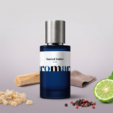 Sacred Ember by Aromara on a pale cloud grey to soft incense lilac-grey background with frankincense resin, black and pink peppercorns, bergamot, sandalwood and suede. 35% Extrait, inspired by Amouage Purpose 50.