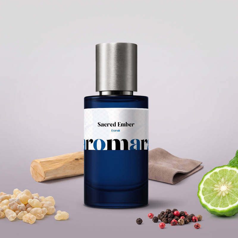 Sacred Ember by Aromara on a pale cloud grey to soft incense lilac-grey background with frankincense resin, black and pink peppercorns, bergamot, sandalwood and suede. 35% Extrait, inspired by Amouage Purpose 50.
