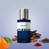 Stellar Hour by Aromara on a pale silver blue and soft twilight periwinkle background with mandarin, black peppercorns, oud wood, cinnamon sticks and saffron. 35% Extrait, inspired by Louis Vuitton Stellar Times.