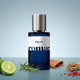 Imperial by Aromara on a pale steel blue to slate teal background with bergamot, rosemary, leather, vetiver roots and pink peppercorns. 35% Extrait, inspired by Gissah Imperial Valley.
