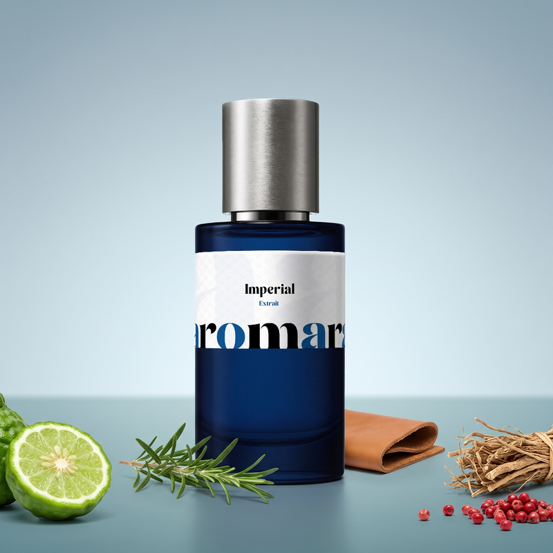 Imperial by Aromara on a pale steel blue to slate teal background with bergamot, rosemary, leather, vetiver roots and pink peppercorns. 35% Extrait, inspired by Gissah Imperial Valley.