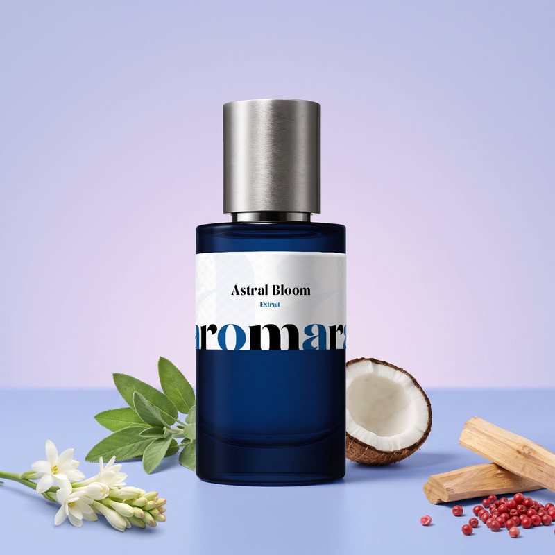 Astral Bloom by Aromara on a pale lilac to periwinkle blue background with tuberose, sage, coconut, sandalwood and pink peppercorns. 35% Extrait, inspired by Maison Crivelli Tubereuse Astrale.