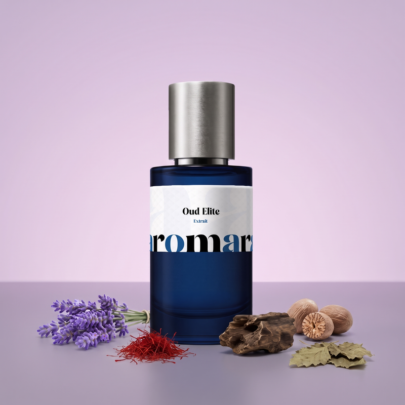Oud Elite by Aromara on a pale heather lilac to plum-violet grey background with lavender, saffron, oud wood, nutmeg and patchouli leaves. 35% Extrait, inspired by Initio Oud for Greatness.