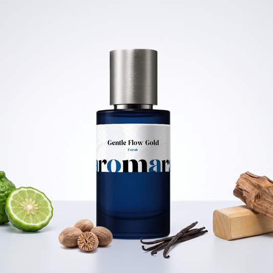 Gentle Flow Gold 35% Extrait perfume by Aromara, inspired by Maison Francis Kurkdjian Gentle Fluidity Gold. Bergamot, nutmeg, sandalwood, cedarwood, vanilla. UK-made dupe, 7+ hour wear.