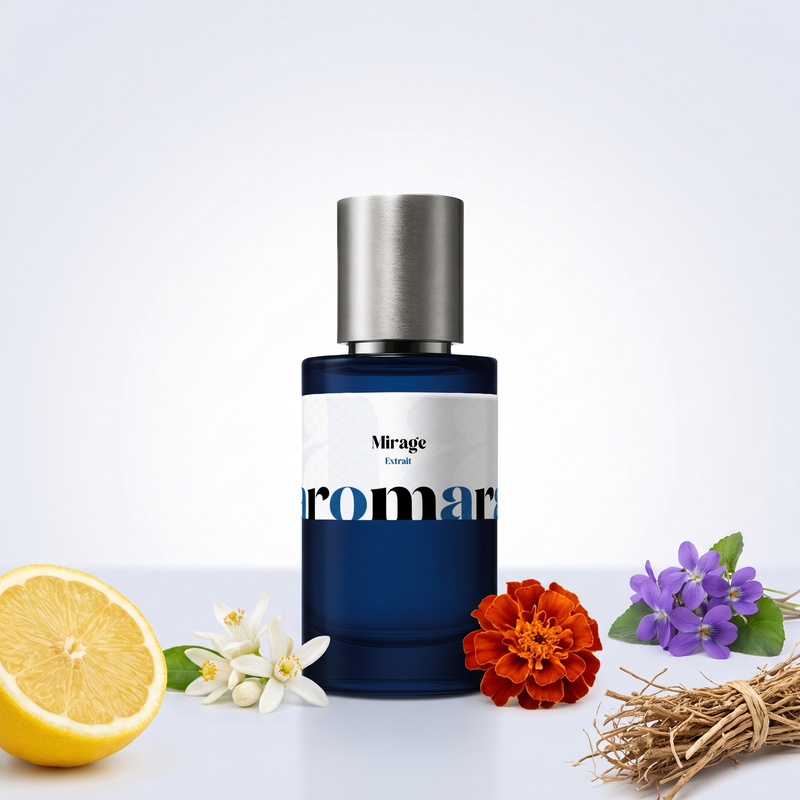 Mirage 35% Extrait perfume by Aromara, inspired by Byredo Bal d'Afrique. Lemon, neroli, marigold, violet, vetiver. UK-made dupe, 7+ hour wear.
