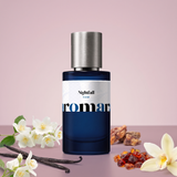 Nightfall by Aromara on a pale blush mauve to soft dusky plum rose background with white jasmine, vanilla pods, benzoin resin, amber resin and a vanilla orchid. 35% Extrait, inspired by Maison Francis Kurkdjian Grand Soir.
