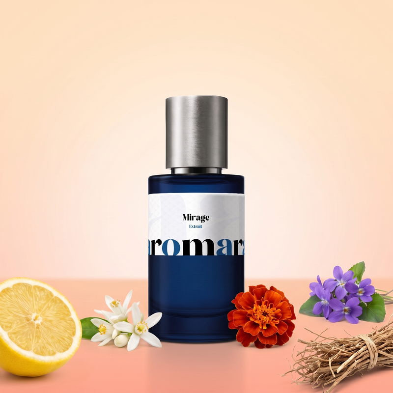 Mirage by Aromara on a pale apricot cream to soft coral peach background with lemon, neroli blossoms, a marigold, violets and vetiver roots. 35% Extrait, inspired by Byredo Bal d'Afrique.
