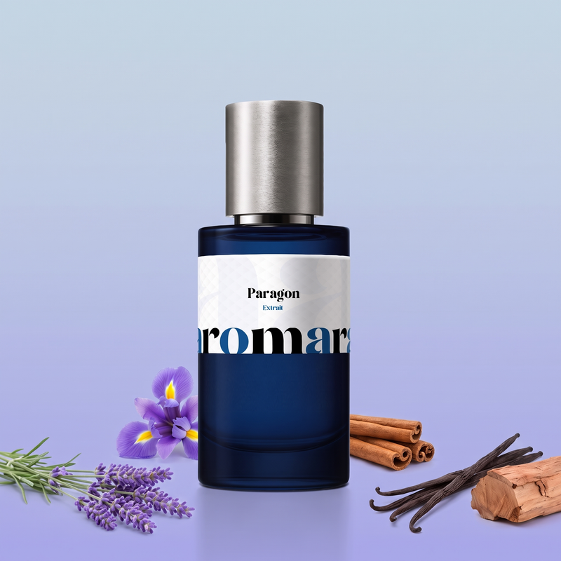 Paragon by Aromara on a pale steel blue to iris blue-violet background with lavender, an iris flower, cinnamon sticks, vanilla pods and cedar wood. 35% Extrait, inspired by Prada Paradigme.
