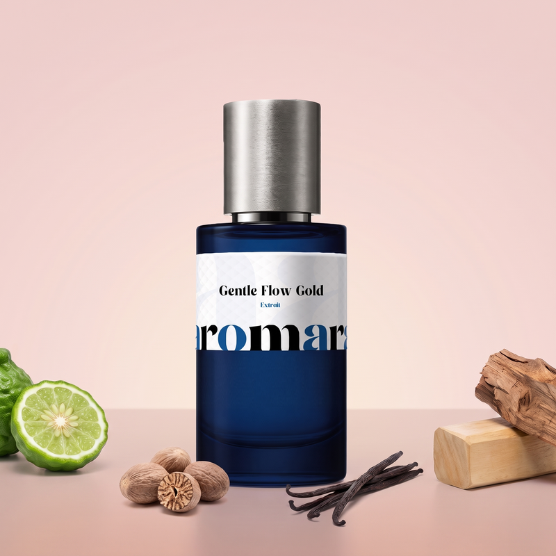 Gentle Flow Gold by Aromara on a pale blush pink to warm nude rose background with bergamot, nutmegs, vanilla pods, sandalwood and cedar wood. 35% Extrait, inspired by Maison Francis Kurkdjian Gentle Fluidity Gold.
