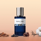 Myrrh & Amber by Aromara on a pale apricot cream to soft terracotta background with myrrh resin, tonka beans, benzoin resin, a myrrh twig and cotton. 35% Extrait, inspired by Jo Malone Myrrh & Tonka.