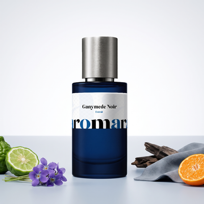 Ganymede Noir 35% Extrait perfume by Aromara, inspired by Marc-Antoine Barrois Ganymede. Bergamot, violet, amber, suede, woody musk. UK-made dupe, 7+ hour wear.