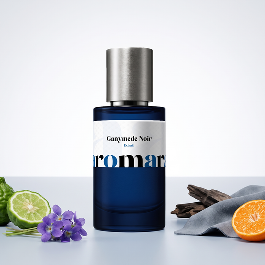 Ganymede Noir 35% Extrait perfume by Aromara, inspired by Marc-Antoine Barrois Ganymede. Bergamot, violet, amber, suede, woody musk. UK-made dupe, 7+ hour wear.