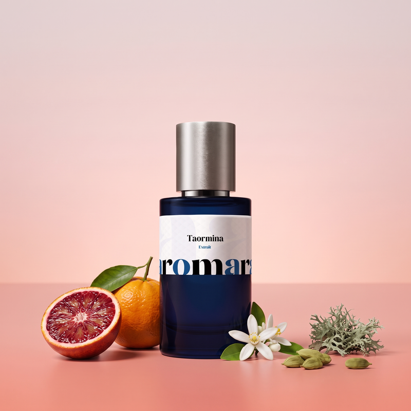 Taormina by Aromara on a pale blush pink to blood orange pink background with a halved blood orange, a bitter orange, orange blossom, cardamom pods and oakmoss. 35% Extrait, inspired by Tom Ford Taormina Orange.