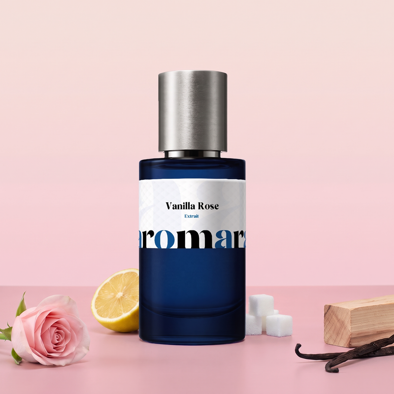 Vanilla Rose by Aromara on a pale peony blush to soft rose pink background with a pink rose, lemon, sugar cubes, vanilla pods and cedarwood. 35% Extrait, inspired by Mancera Rose Vanille.