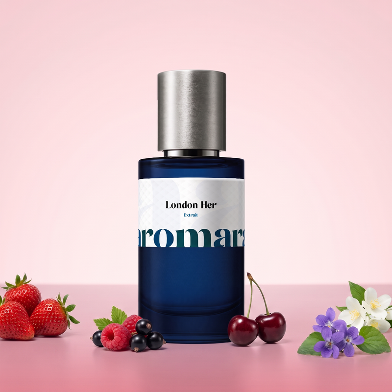London Her by Aromara on a pale strawberry pink to raspberry pink background with strawberries, raspberries, blackcurrants, cherries, violets and jasmine. 35% Extrait, inspired by Burberry Her.
