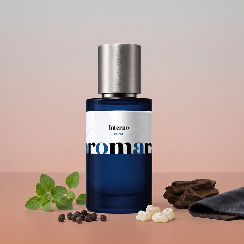 Inferno by Aromara on a pale smoke grey to ember terracotta background with oregano, black peppercorns, frankincense resin, oud wood and leather. 35% Extrait, inspired by Amouage Interlude Man.