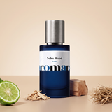 Noble Wood by Aromara on a pale oat beige to sandalwood tan background with bergamot, sandalwood chips, cedarwood and vetiver roots. 35% Extrait, inspired by Essential Parfums Bois Imperial.