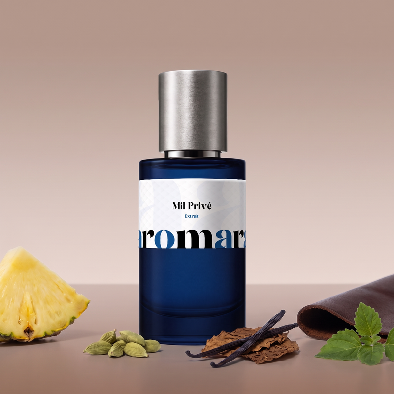 Mil Privé by Aromara on a pale warm taupe to mocha brown background with pineapple, cardamom pods, tobacco leaves, vanilla pods and leather. 35% Extrait, inspired by Paco Rabanne 1 Million Privé.