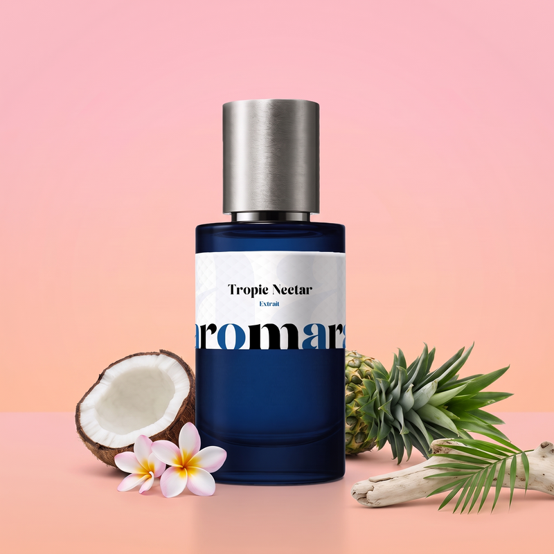 Tropic Nectar by Aromara on a pale flamingo pink to soft coral peach background with a halved coconut, frangipani flowers, a pineapple crown, driftwood and a palm leaf. 35% Extrait, inspired by Ellis Brooklyn Miami Nectar.