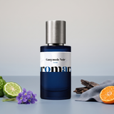 Ganymede Noir by Aromara on a pale stone grey to soft blue-grey slate background with bergamot, violets, grey suede, dark wood and a halved mandarin. 35% Extrait, inspired by Marc-Antoine Barrois Ganymede.