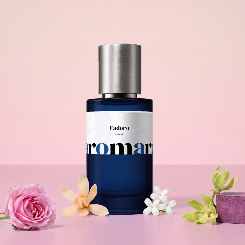 J'adoro by Aromara on a pale shell pink to peony pink background with a damask rose, a champaca blossom, jasmine, ylang-ylang and amaranth wood. 35% Extrait, inspired by Dior J'adore.