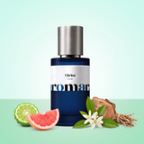 Citrine by Aromara on a pale aqua white to fresh mint green background with bergamot, pink grapefruit, orange blossom with petitgrain leaves, cedar wood and vetiver roots. 35% Extrait, inspired by Le Labo Bergamote 22.