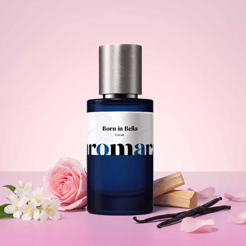 Born in Bella by Aromara on a pale petal pink to soft fuchsia pink background with jasmine flowers, a pink rose, vanilla pods, sandalwood and rose petals. 35% Extrait, inspired by Valentino Born in Roma.