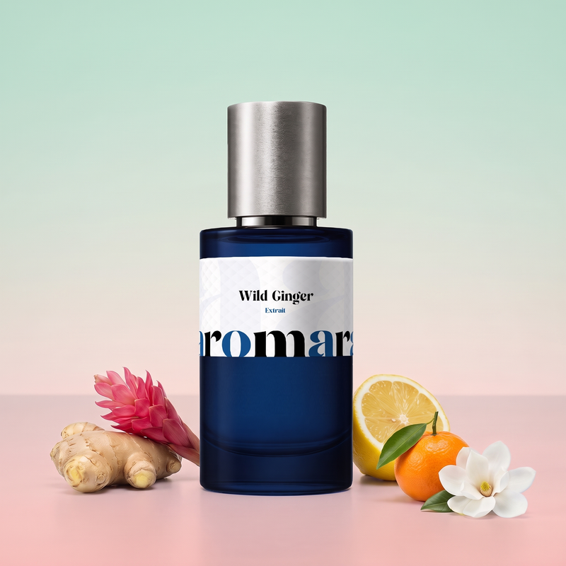 Wild Ginger by Aromara on a pale sea-glass green to ginger blossom pink background with ginger root, a ginger flower, lemon, a mandarin and a magnolia flower. 35% Extrait, inspired by Goldfield & Banks Ingenious Ginger.