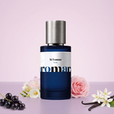 Si Femme by Aromara on a pale lilac blush to soft blackcurrant mauve background with blackcurrants, freesia, a pink rose, neroli blossoms and vanilla pods. 35% Extrait, inspired by Armani Si.
