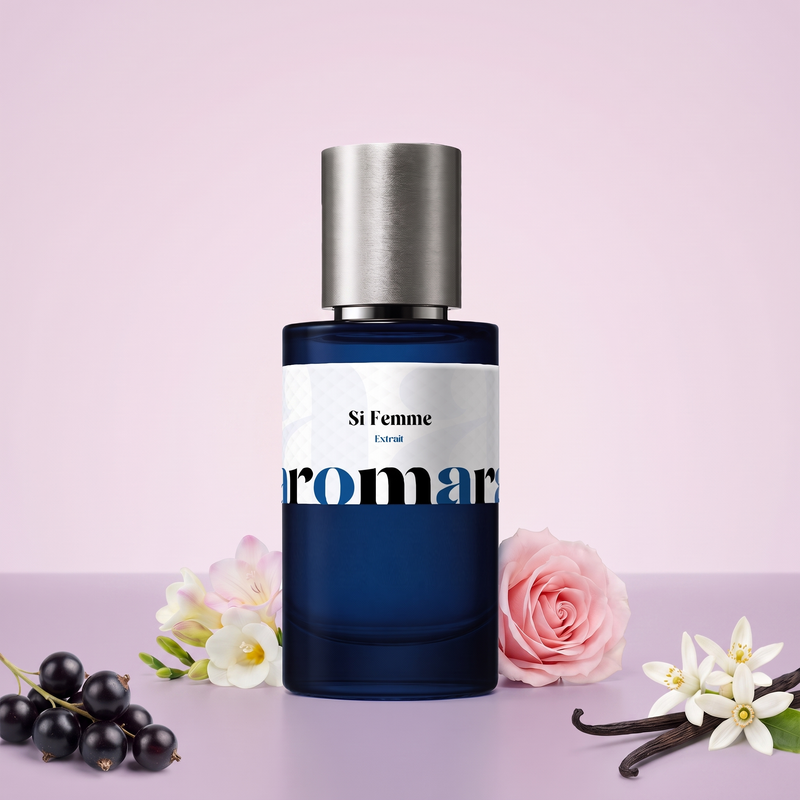 Si Femme by Aromara on a pale lilac blush to soft blackcurrant mauve background with blackcurrants, freesia, a pink rose, neroli blossoms and vanilla pods. 35% Extrait, inspired by Armani Si.