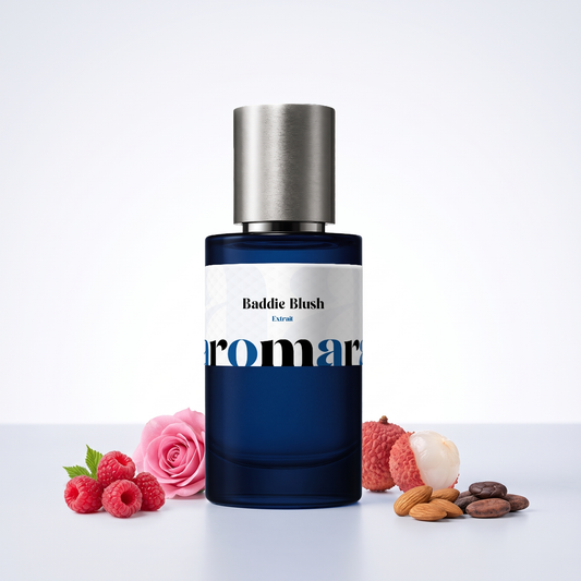 Baddie Blush 35% Extrait perfume by Aromara, inspired by Carolina Herrera Good Girl Blush. Red berries, lychee, rose, almond, cocoa. UK-made dupe, 7+ hour wear.