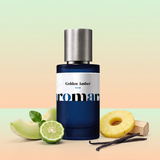 Golden Amber by Aromara on a pale honeydew mint to peach apricot background with honeydew melon, bergamot, pineapple, vanilla pods and sandalwood. 35% Extrait, inspired by Al Haramain Amber Oud Gold Edition.