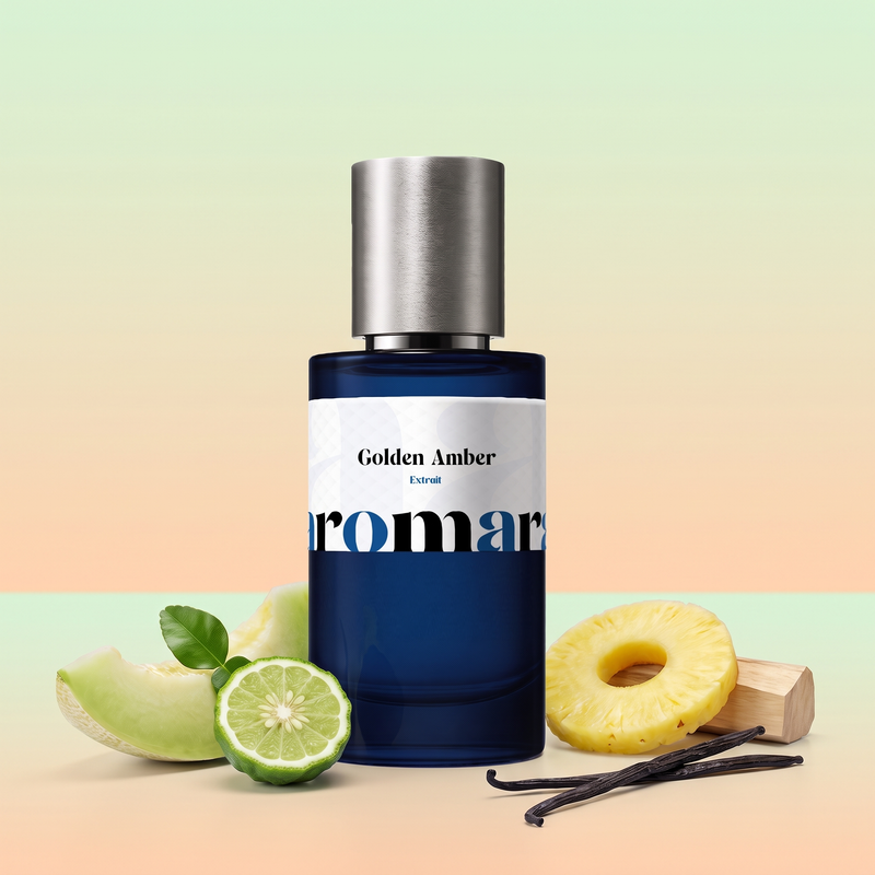 Golden Amber by Aromara on a pale honeydew mint to peach apricot background with honeydew melon, bergamot, pineapple, vanilla pods and sandalwood. 35% Extrait, inspired by Al Haramain Amber Oud Gold Edition.