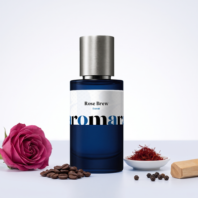 Rose Brew 35% Extrait perfume by Aromara, inspired by Tom Ford Cafe Rose. Saffron, black pepper, damask rose, coffee, sandalwood. UK-made dupe, 7+ hour wear.