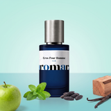 Eros Pour Homme by Aromara on a pale minty aqua to soft turquoise background with a green apple, fresh mint, tonka beans, cedarwood and vanilla pods. 35% Extrait, inspired by Versace Eros.