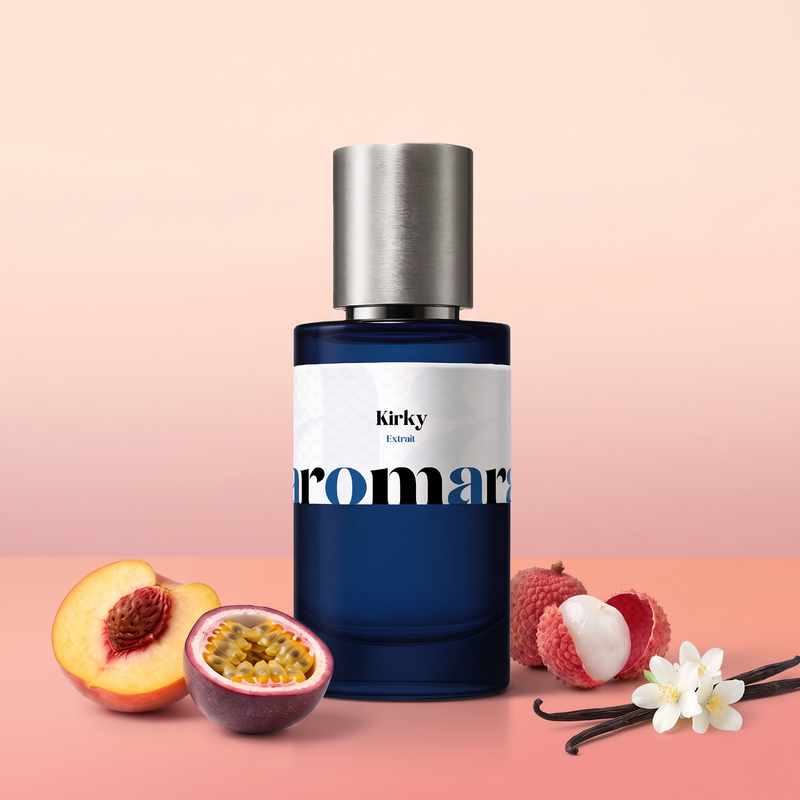 Kirky by Aromara on a pale peach blush to soft coral pink background with a halved peach, a passion fruit, lychees, jasmine blossoms and vanilla pods. 35% Extrait, inspired by Tiziana Terenzi Kirke.