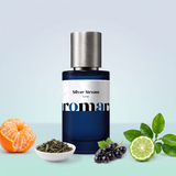 Silver Stream by Aromara on a pale icy silver blue to glacier mint background with a mandarin, green tea leaves, blackcurrants, bergamot and citrus leaves. 35% Extrait, inspired by Creed Silver Mountain Water.