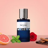 One Fortune by Aromara on a pale grapefruit pink to soft terracotta rose background with a halved pink grapefruit, fresh mint, a red rose, cinnamon sticks and brown leather. 35% Extrait, inspired by Paco Rabanne One Million.