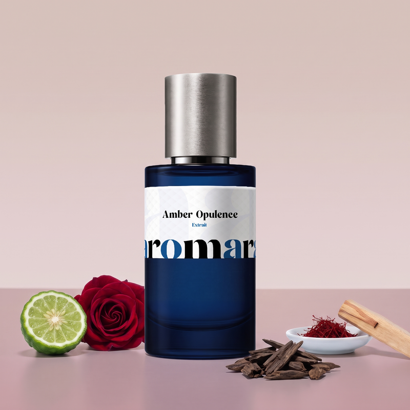 Amber Opulence by Aromara on a pale blush taupe to soft rosewood mauve background with bergamot, a red rose, oud wood chips, saffron threads and sandalwood. 35% Extrait, inspired by Roja Amber Aoud.