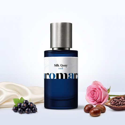 Silk Quay 35% Extrait perfume by Aromara, inspired by Dries Van Noten Soie Malaquais. Blackcurrant, bergamot, rose, chestnut, cacao. UK-made dupe, 7+ hour wear.