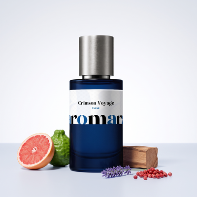 Crimson Voyage 35% Extrait perfume by Aromara, inspired by Dior Rouge Trafalgar. Grapefruit, bergamot, pink pepper, lavender, cedarwood. UK-made dupe, 7+ hour wear.