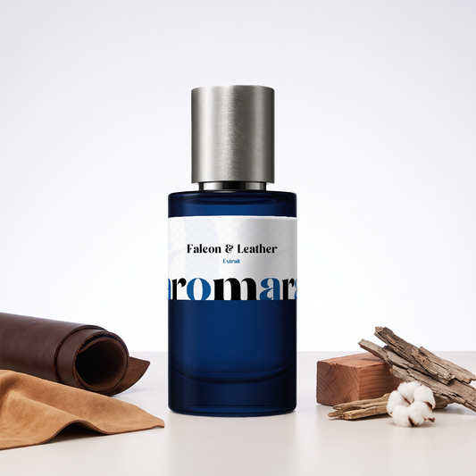 Falcon & Leather 35% Extrait perfume by Aromara, inspired by Matière Première Falcon Leather. Leather, suede, cedarwood, dry woods, musk. UK-made dupe, 7+ hour wear.