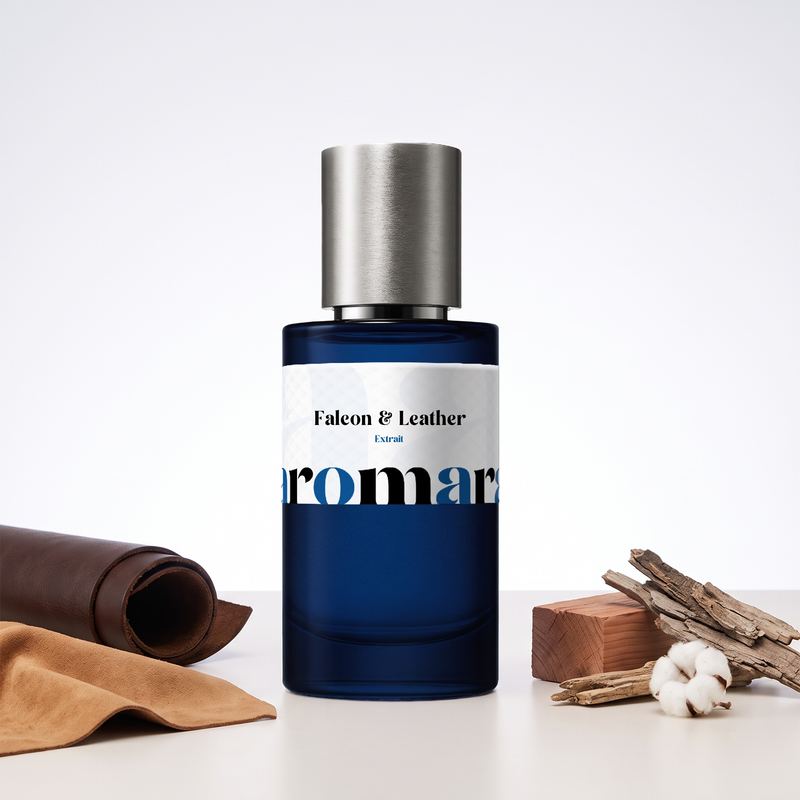 Falcon & Leather 35% Extrait perfume by Aromara, inspired by Matière Première Falcon Leather. Leather, suede, cedarwood, dry woods, musk. UK-made dupe, 7+ hour wear.