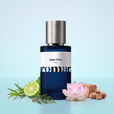 Aqua Pure by Aromara on a pale glacier blue to soft cool aqua background with a halved bergamot, tarragon and cypress sprigs, a pink lotus, cedarwood and nutmegs. 35% Extrait, inspired by Issey Miyake L'Eau d'Issey Pour Homme.