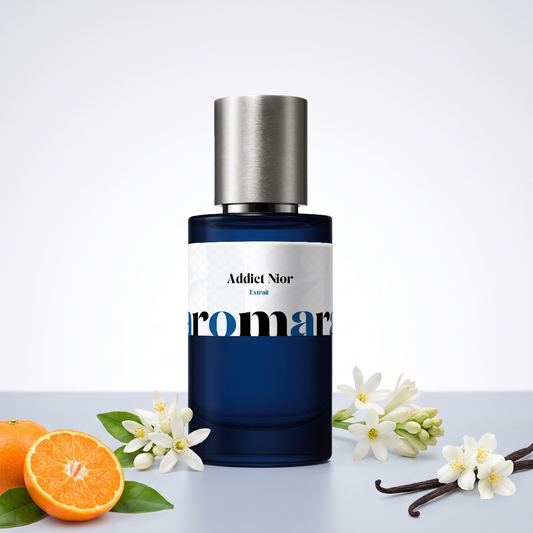 Addict Nior 35% Extrait perfume by Aromara, inspired by Dior Addict. Mandarin leaf, orange blossom, jasmine sambac, tuberose, vanilla. UK-made dupe, 7+ hour wear.